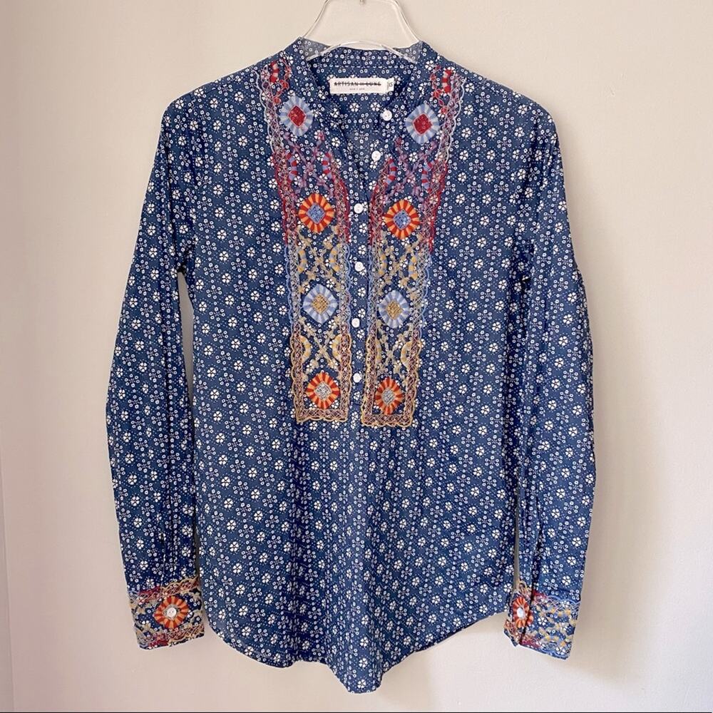 ARTISAN DE LUXE Floral Embroidered Tunic Top Bohemian Size Extra Small Blue Red